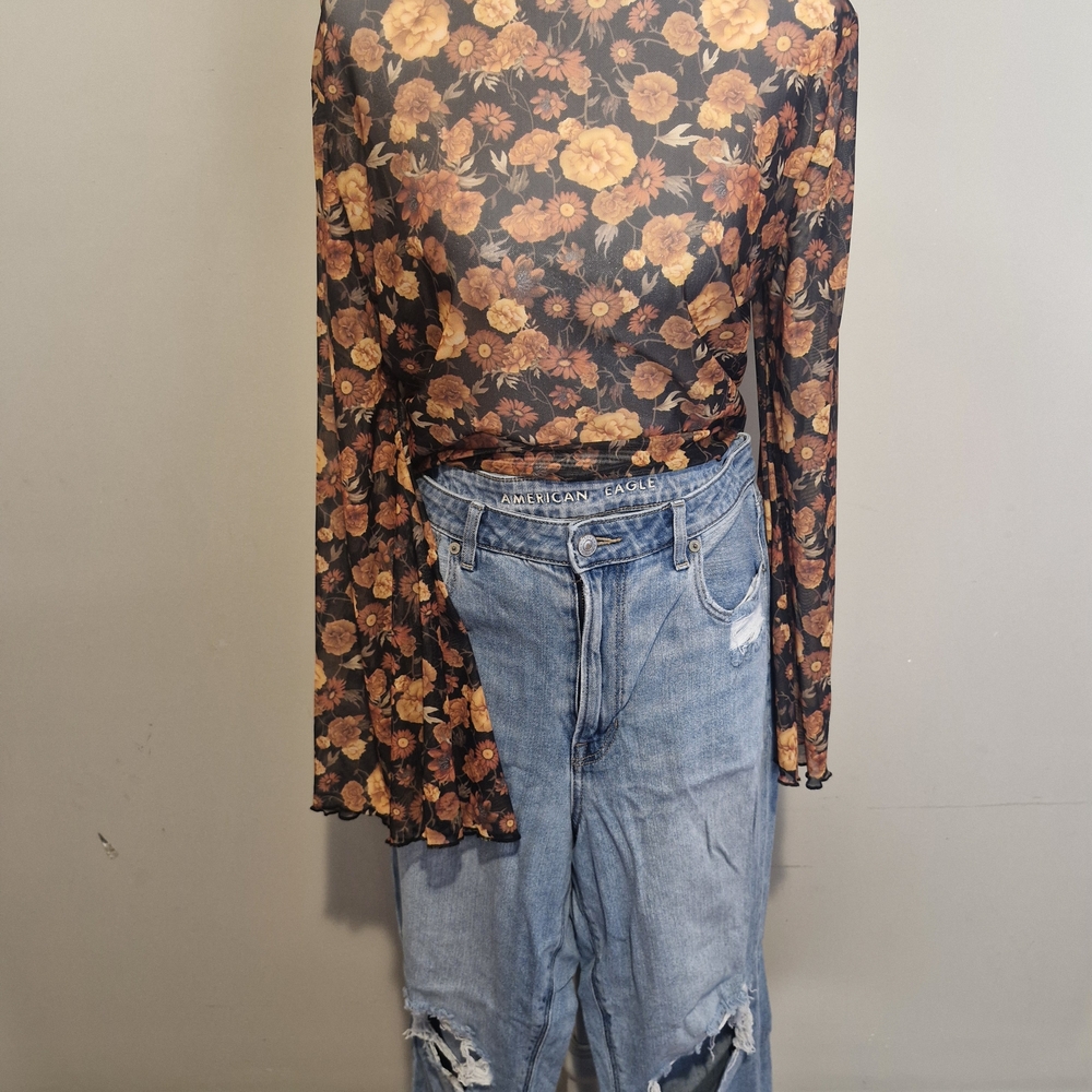 American Eagle Outfitters Floral Mesh Top - Orange and Black